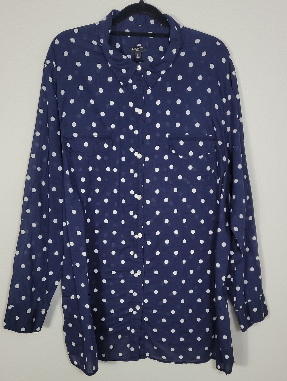 Talbots Polka Dot Button Up Shirt Size 3X Navy White 100% Cotton